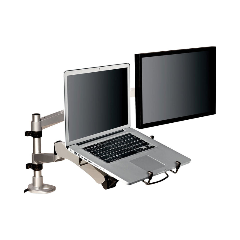 3M Easy-Adjust Desk Dual Arm Mount for 27" Monitors, 360 deg Rotation, +90/-15 deg Tilt, 360 deg Pan, Silver, Supports 20 lb