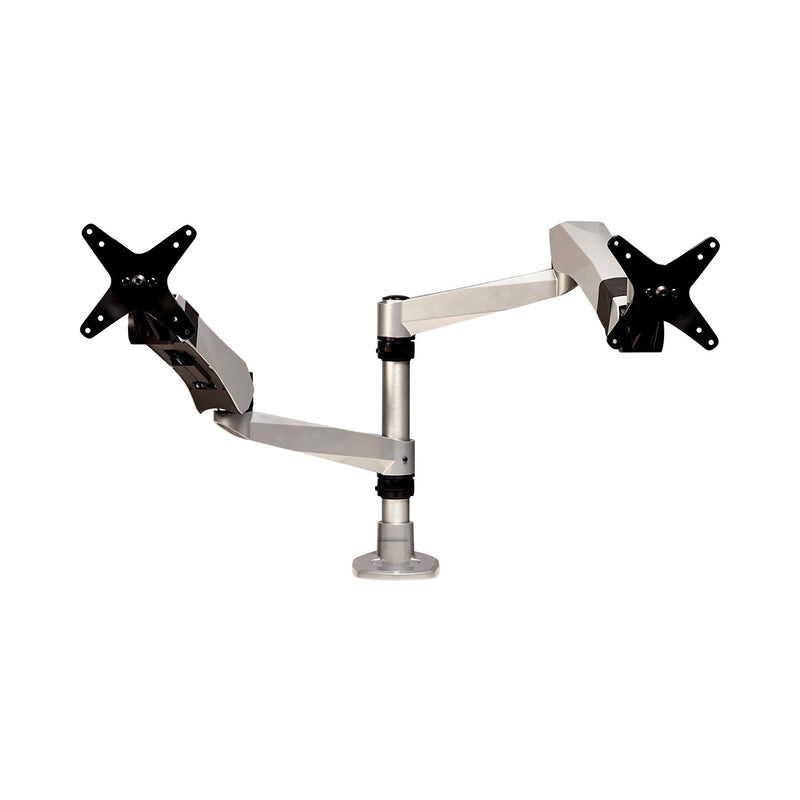 3M Easy-Adjust Desk Dual Arm Mount for 27" Monitors, 360 deg Rotation, +90/-15 deg Tilt, 360 deg Pan, Silver, Supports 20 lb