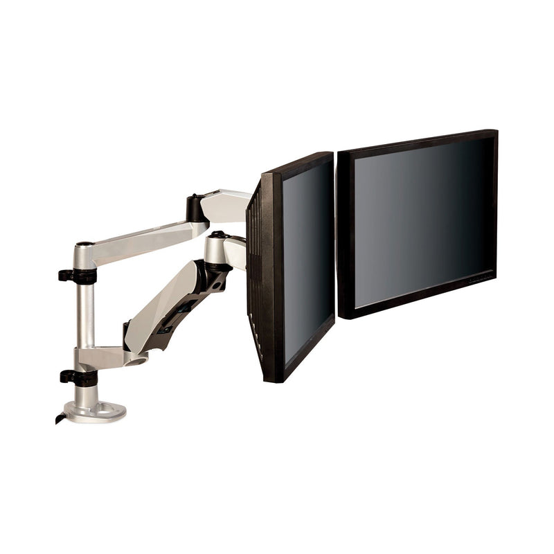 3M Easy-Adjust Desk Dual Arm Mount for 27" Monitors, 360 deg Rotation, +90/-15 deg Tilt, 360 deg Pan, Silver, Supports 20 lb