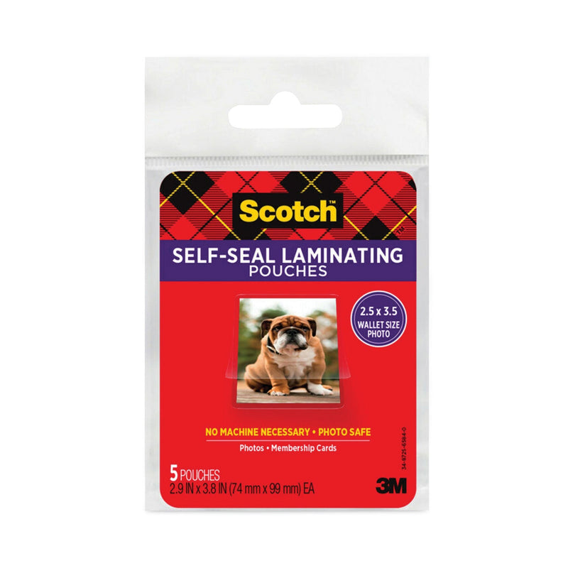 Scotch Self-Sealing Laminating Pouches, 9.5 mil, 2.81" x 3.75", Gloss Clear, 5/Pack