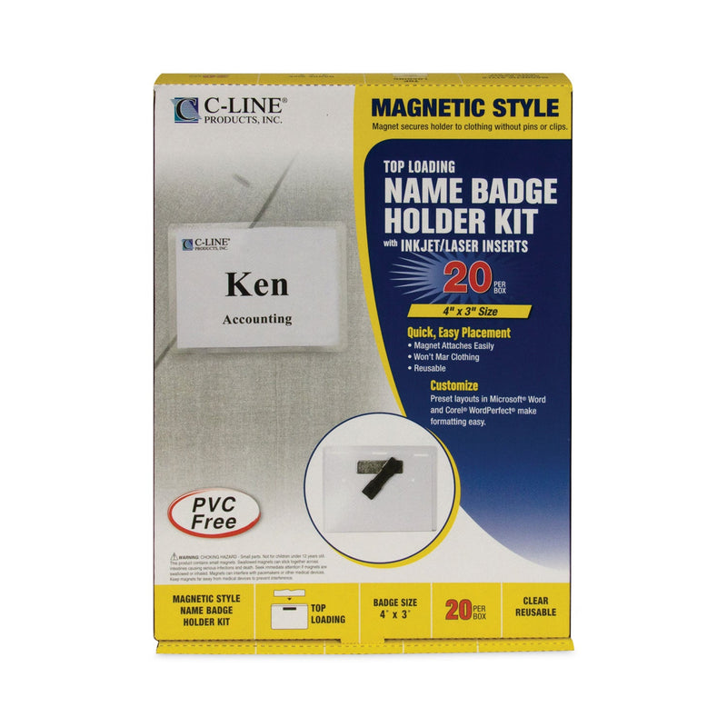 C-Line Magnetic Name Badge Holder Kit, Horizontal, 4w x 3h, Clear, 20/Box