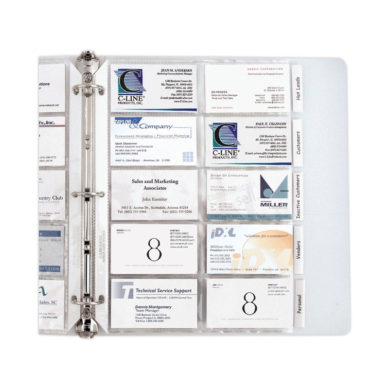 C-Line Tabbed Business Card Binder Pages, For 2 x 3.5 Cards, Clear, 20 Cards/Sheet, 5 Sheets/Pack