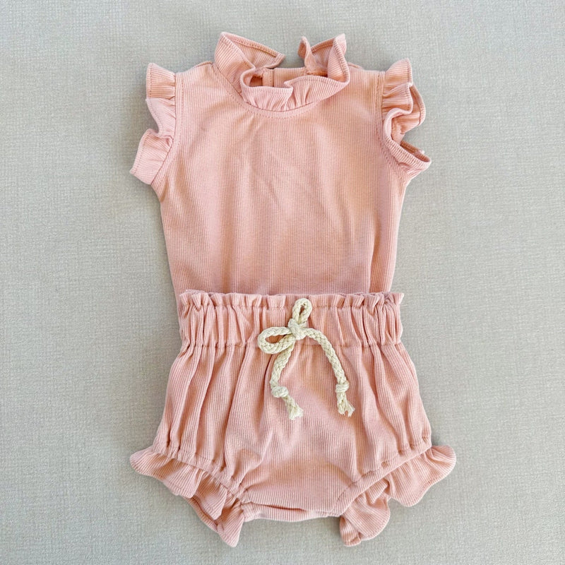 Rib Cotton Short Sleeve Wooden Ear Rompers Jumpsuit