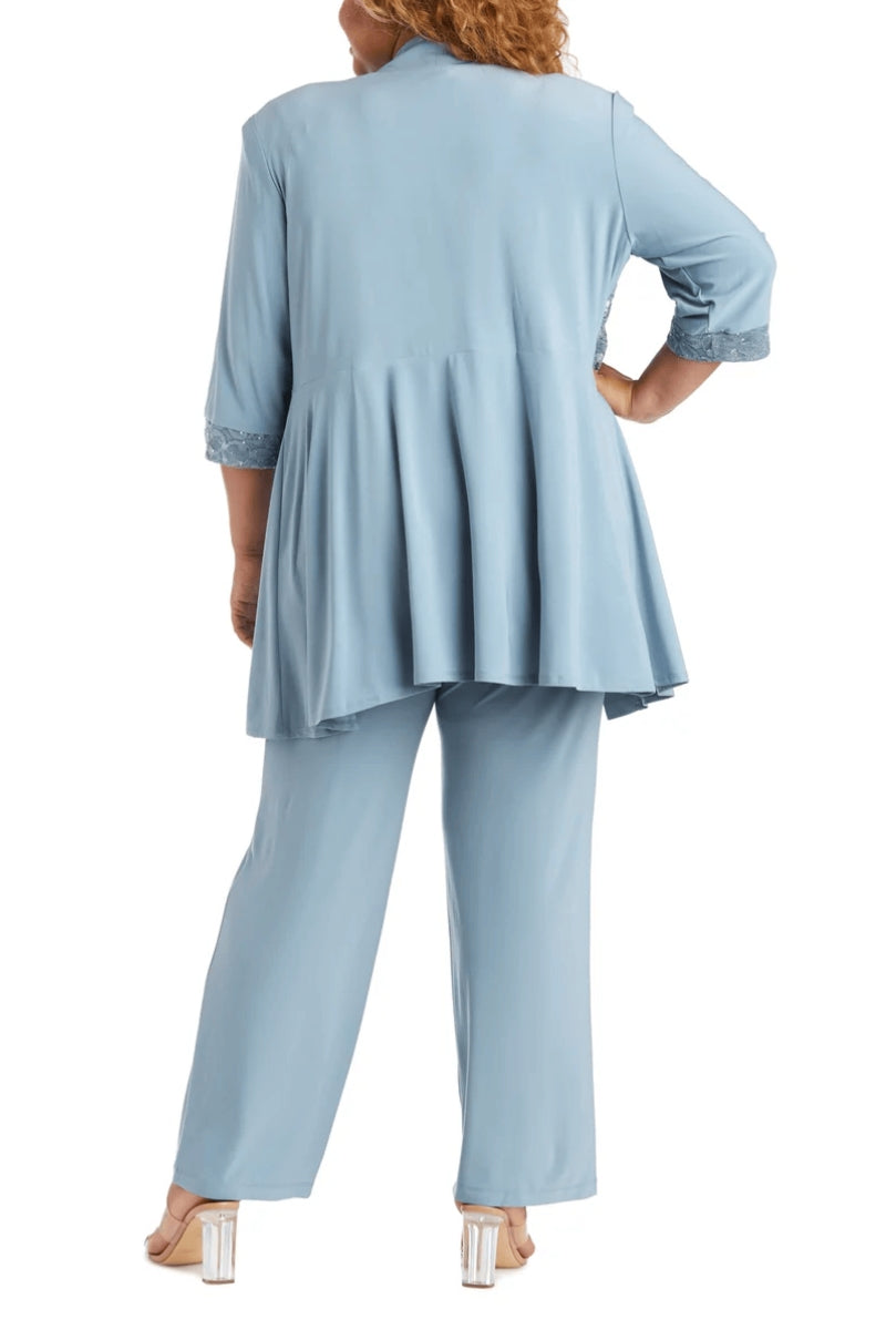 R&M Richards Sleeveless Laced Scoop Neckline Blouse Top Pleated Sequin Open Jacket Straight Leg Relaxed Trouser Pants Suit Dress