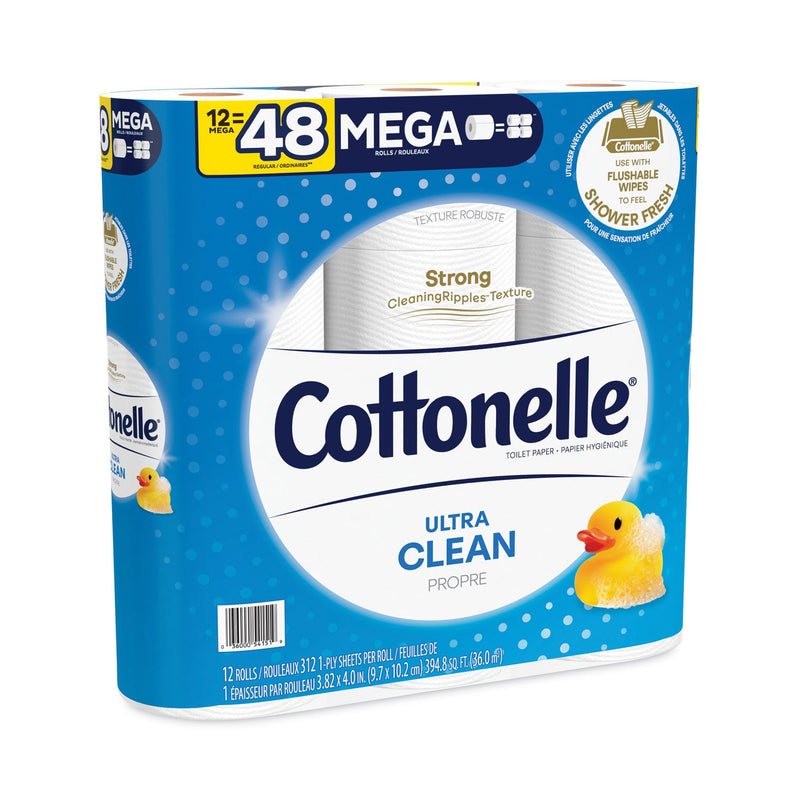 Cottonelle Ultra CleanCare Toilet Paper, Strong Tissue, Mega Rolls, Septic Safe, 1-Ply, White, 284/Roll, 12 Rolls/Pack, 48 Rolls/Carton