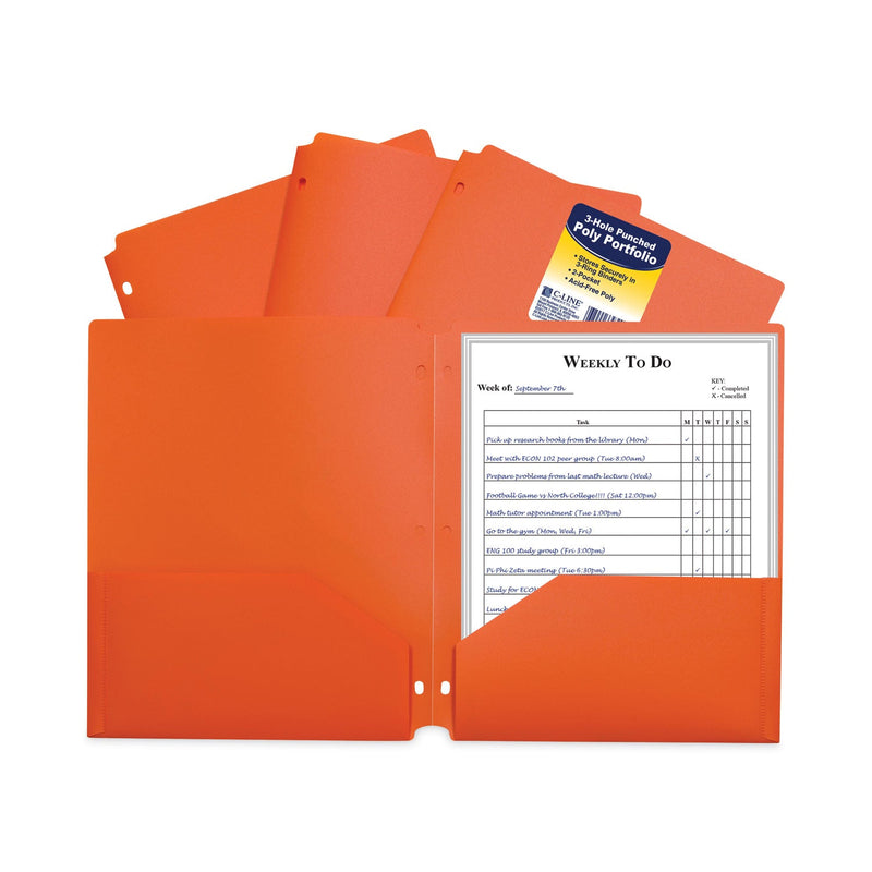 C-Line Two-Pocket Heavyweight Poly Portfolio Folder, 3-Hole Punch, 11 x 8.5, Orange, 25/Box