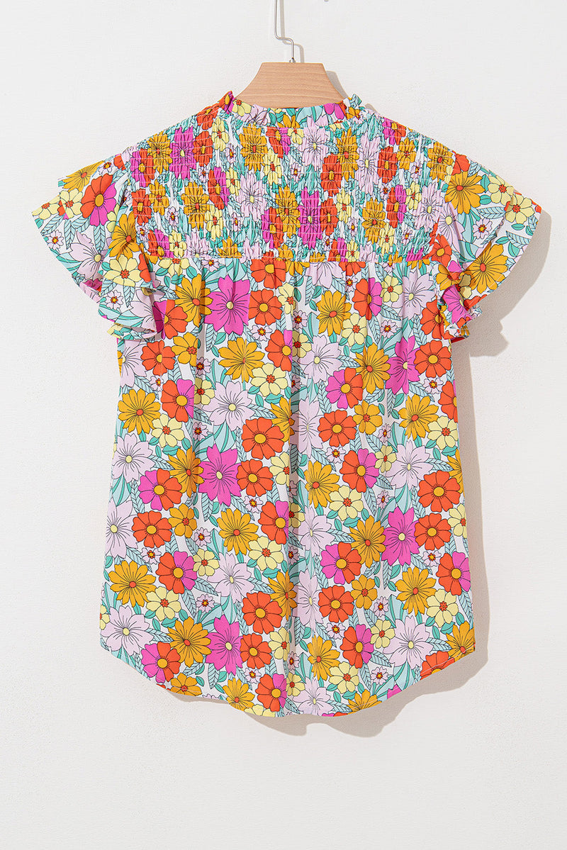 Leslie Floral Shirred Tiered Ruffled Sleeve Blouse