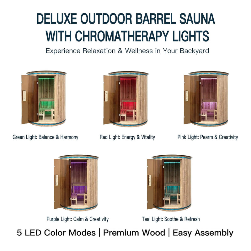 Thermora Barcelona Premium 78-Inch 4-Person Cedar Wood Outdoor Vertical Barrel Sauna With 6KW Heater, LED Lights And Stones (SAK74813)