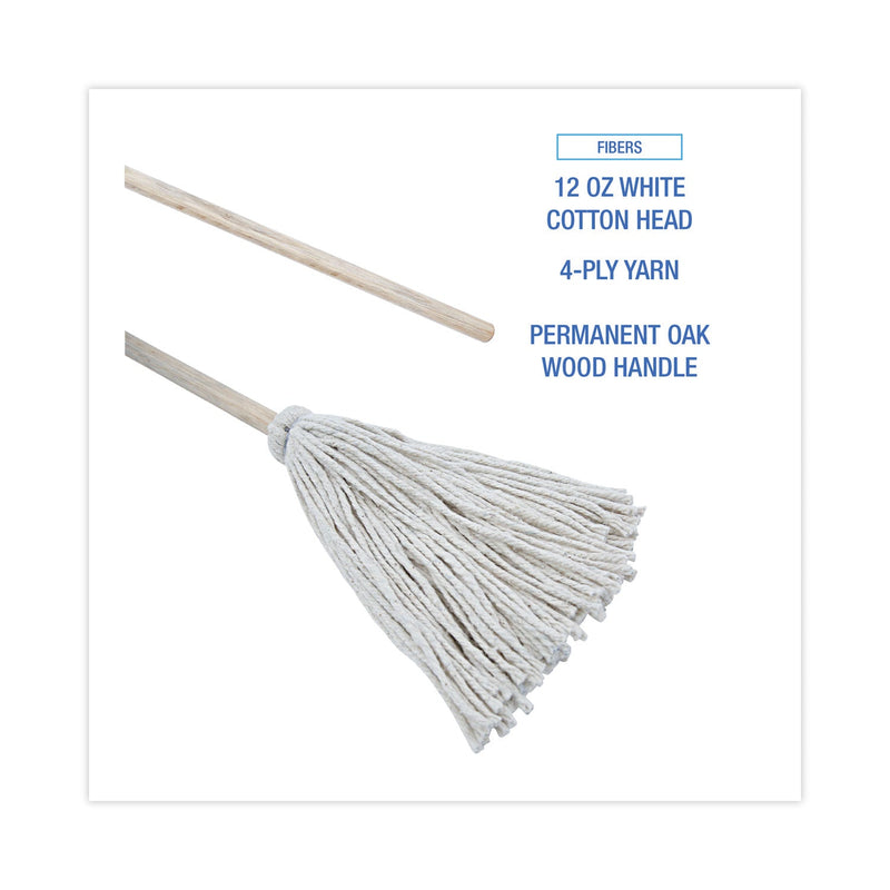 Boardwalk Handle/Deck Mops, 12 oz White Cotton Head, 48" Oak Wood Handle, 6/Pack