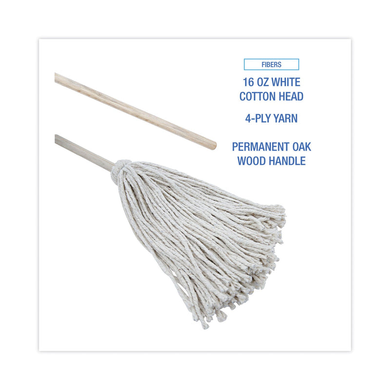 Boardwalk Handle/Deck Mops, 16 oz White Cotton Head, 48" Oak Wood Handle