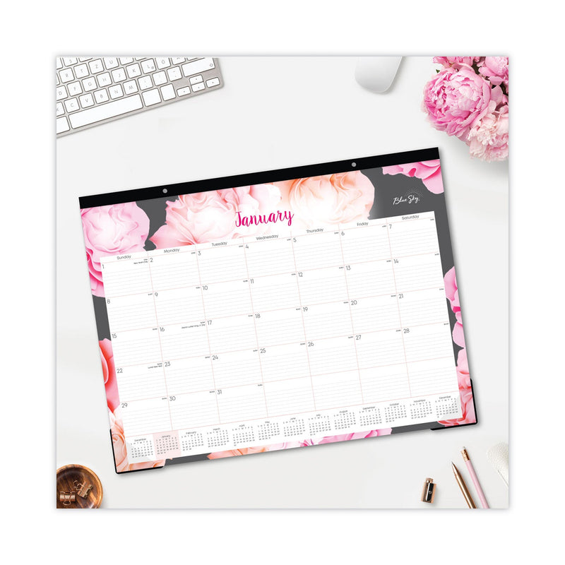 Blue Sky Joselyn Desk Pad, Rose Artwork, 22 x 17, White/Pink/Peach Sheets, Black Binding, Clear Corners, 12-Month (Jan-Dec): 2023