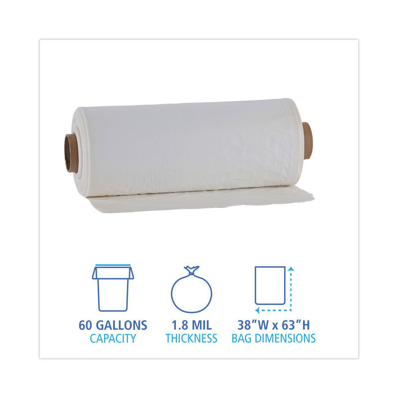 Boardwalk Industrial Drum Liners Rolls, 60 gal, 1.8 mil, 38 x 63, Clear, 1 Roll of 75 Bags