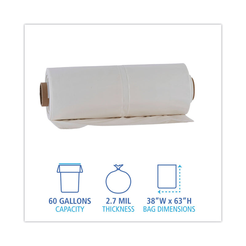 Boardwalk Industrial Drum Liners Rolls, 60 gal, 2.7 mil, 38 x 63, Clear, 1 Roll of 50 Bags