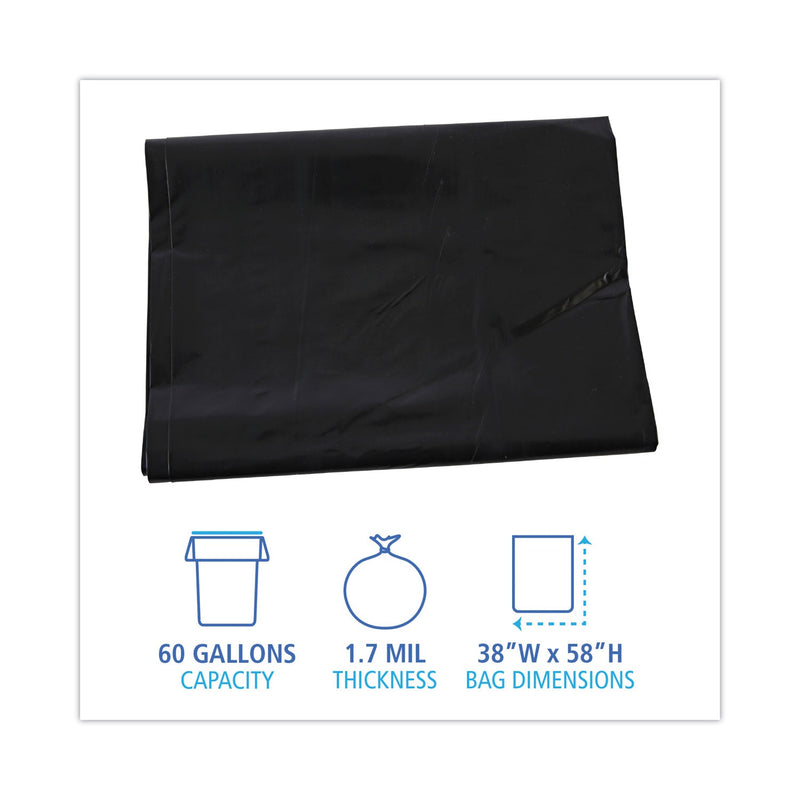 Boardwalk Linear Low Density Industrial Can Liners, 60 gal, 1.7 mil, 38 x 58, Black, 100/Carton