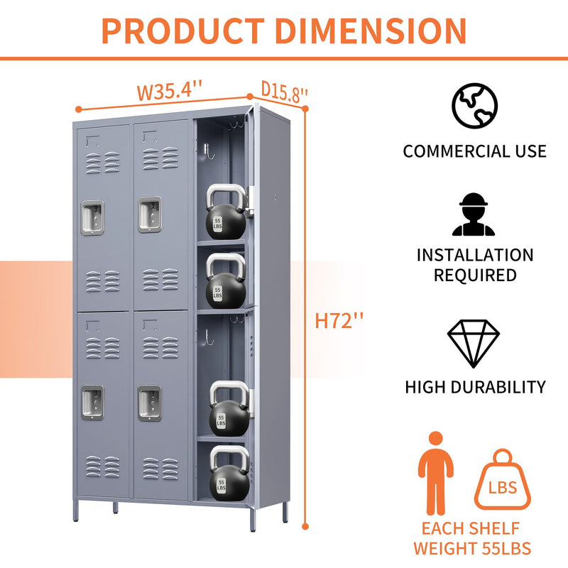 6 Door Lockers With Lock For Employees, Storage Cabinet For Home, Gym, Office, School, Garage - Gray
