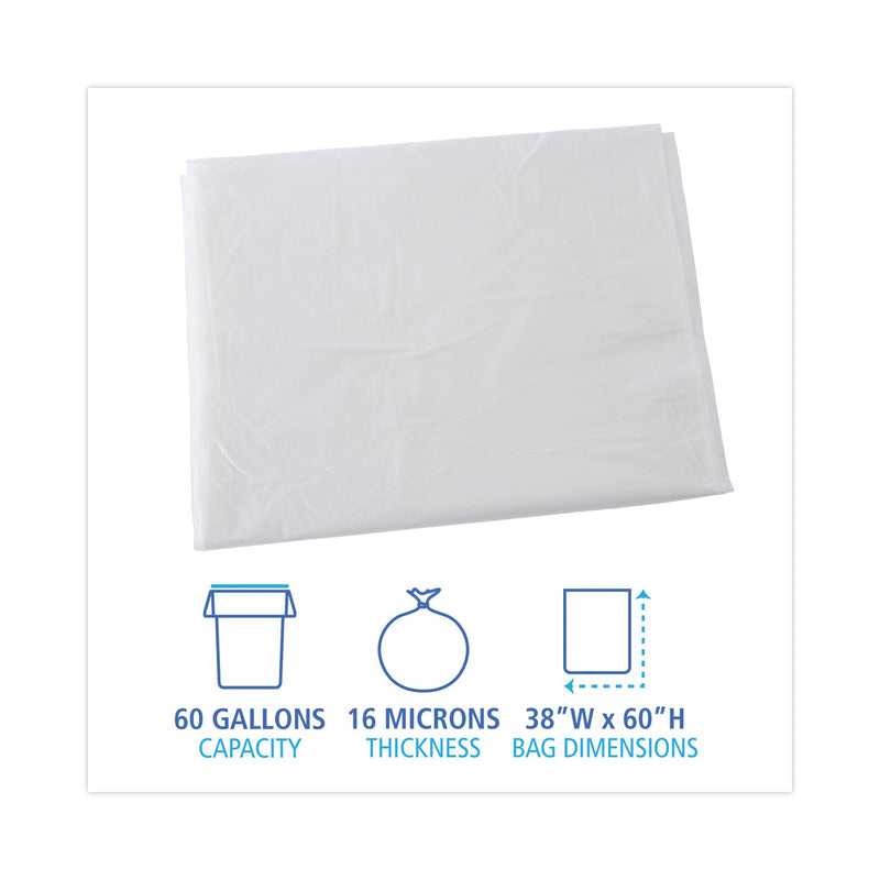 Boardwalk High Density Industrial Can Liners Flat Pack, 60 gal, 16 microns, 38 x 60, Natural, 100/Carton