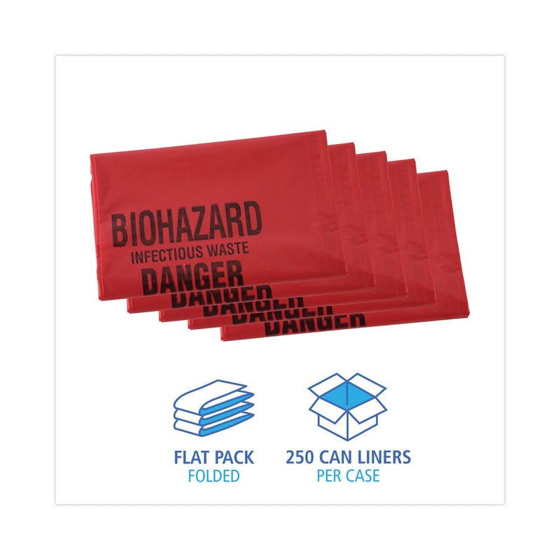 Boardwalk Linear Low Density Health Care Trash Can Liners, 16 gal, 1.3 mil, 24 x 32, Red, 250/Carton