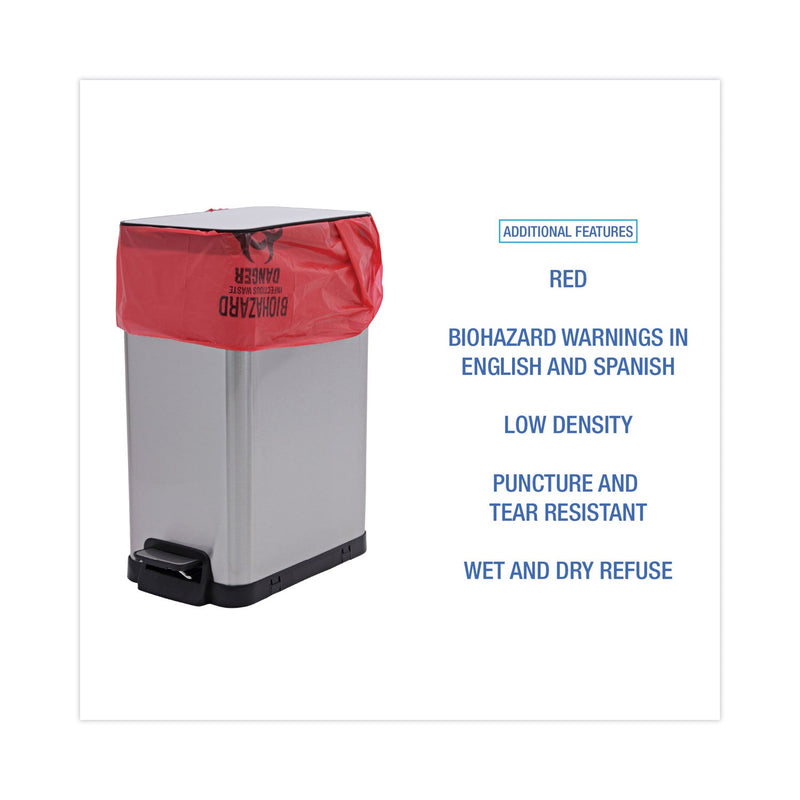 Boardwalk Linear Low Density Health Care Trash Can Liners, 16 gal, 1.3 mil, 24 x 32, Red, 250/Carton