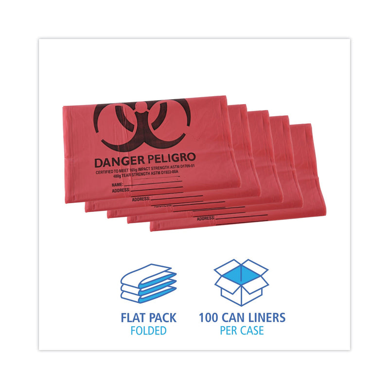 Boardwalk Linear Low Density Health Care Trash Can Liners, 45 gal, 1.3 mil, 40 x 46, Red, 100/Carton