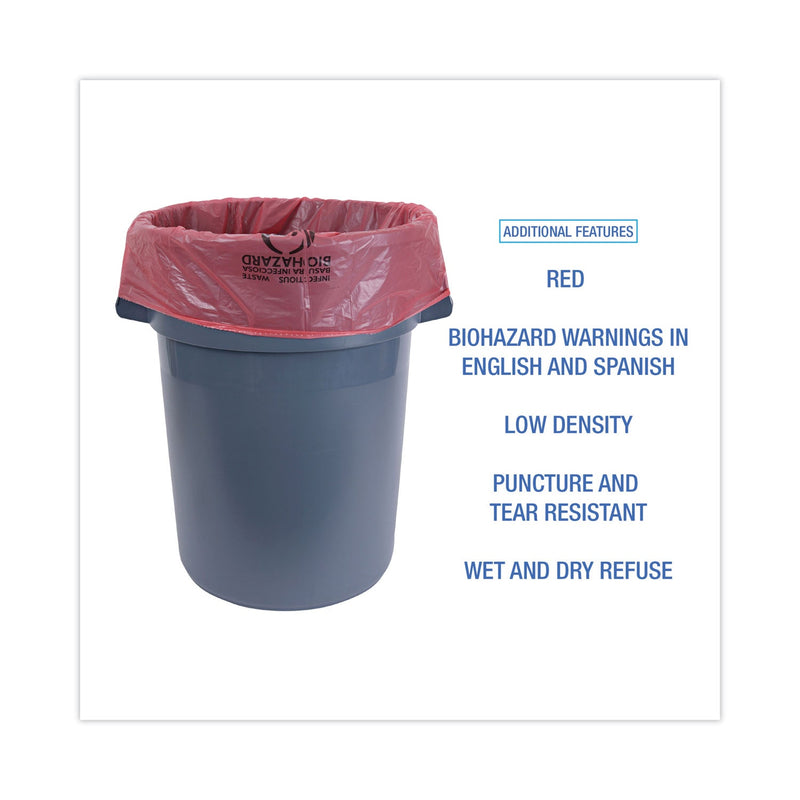 Boardwalk Linear Low Density Health Care Trash Can Liners, 45 gal, 1.3 mil, 40 x 46, Red, 100/Carton