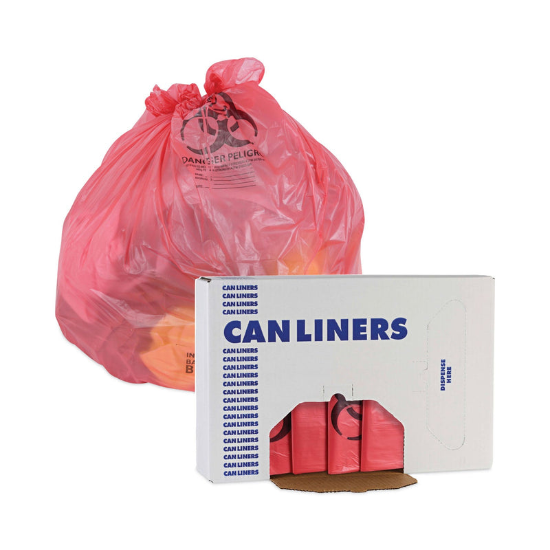 Boardwalk Linear Low Density Health Care Trash Can Liners, 45 gal, 1.3 mil, 40 x 46, Red, 100/Carton