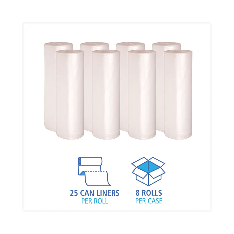 Boardwalk High Density Industrial Can Liners Coreless Rolls, 60 gal, 13 microns, 38 x 60, Natural, 8 Rolls of 25 Bags