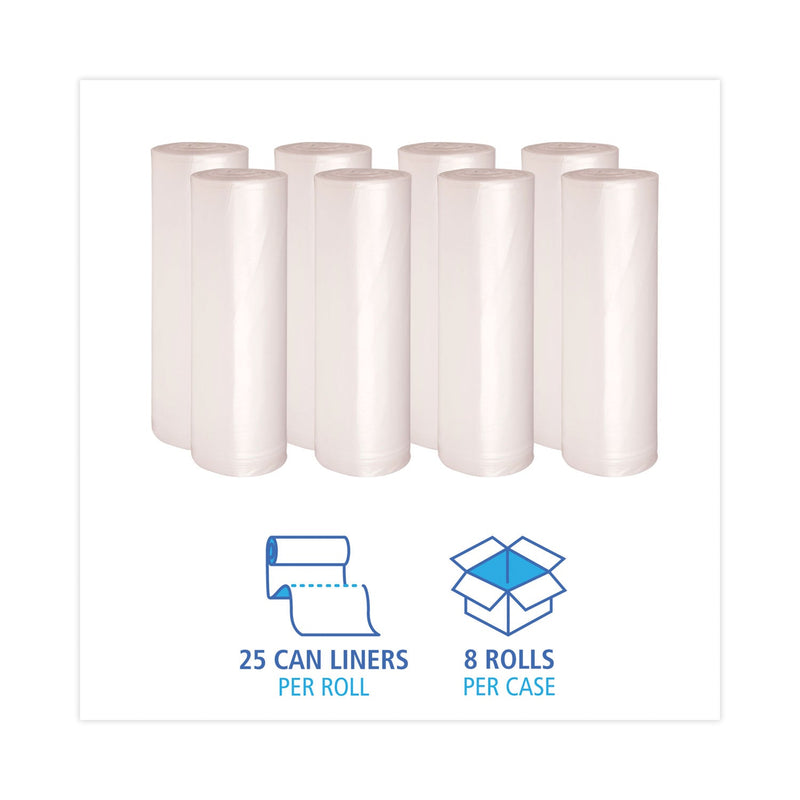 Boardwalk High Density Industrial Can Liners Coreless Rolls, 60 gal, 16 microns, 38 x 60, Natural, 8 Rolls of 25 Bags