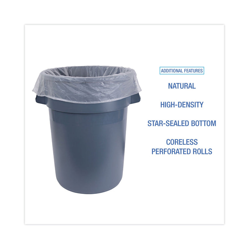 Boardwalk High Density Industrial Can Liners Coreless Rolls, 60 gal, 16 microns, 38 x 60, Natural, 8 Rolls of 25 Bags