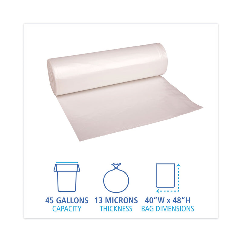 Boardwalk High Density Industrial Can Liners Coreless Rolls, 45 gal, 13 microns, 40 x 48, Natural, 10 Rolls of 25 Bags