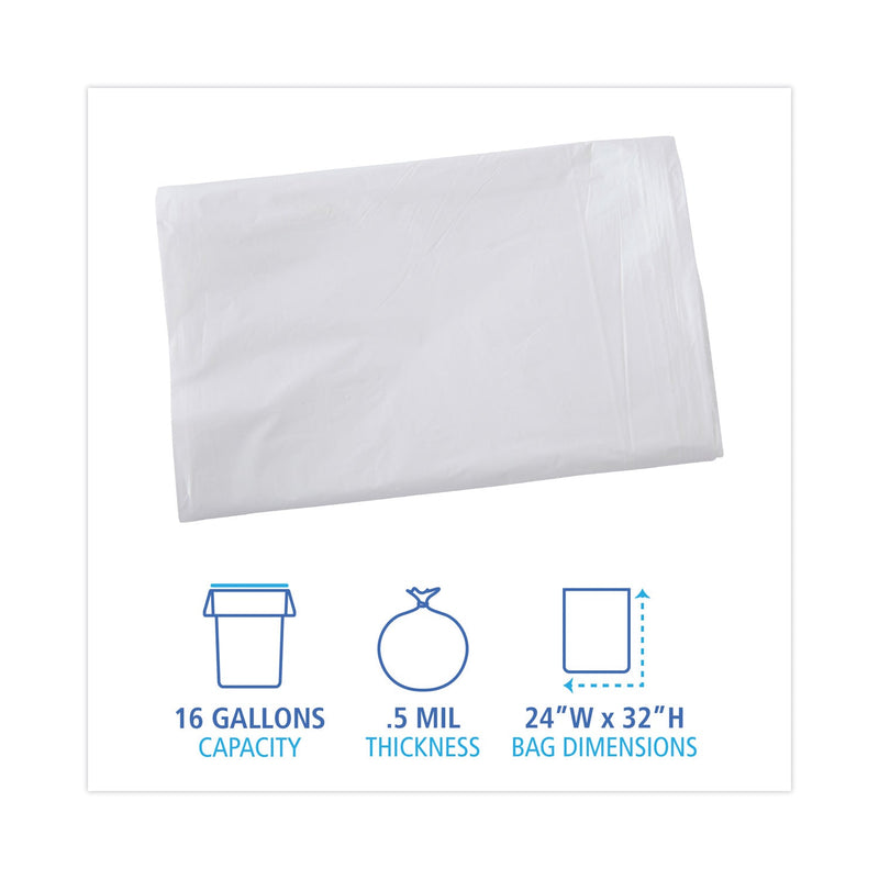 Boardwalk Linear Low Density Industrial Can Liners, 16 gal, 0.5 mil, 24 x 32, White, 500/Carton