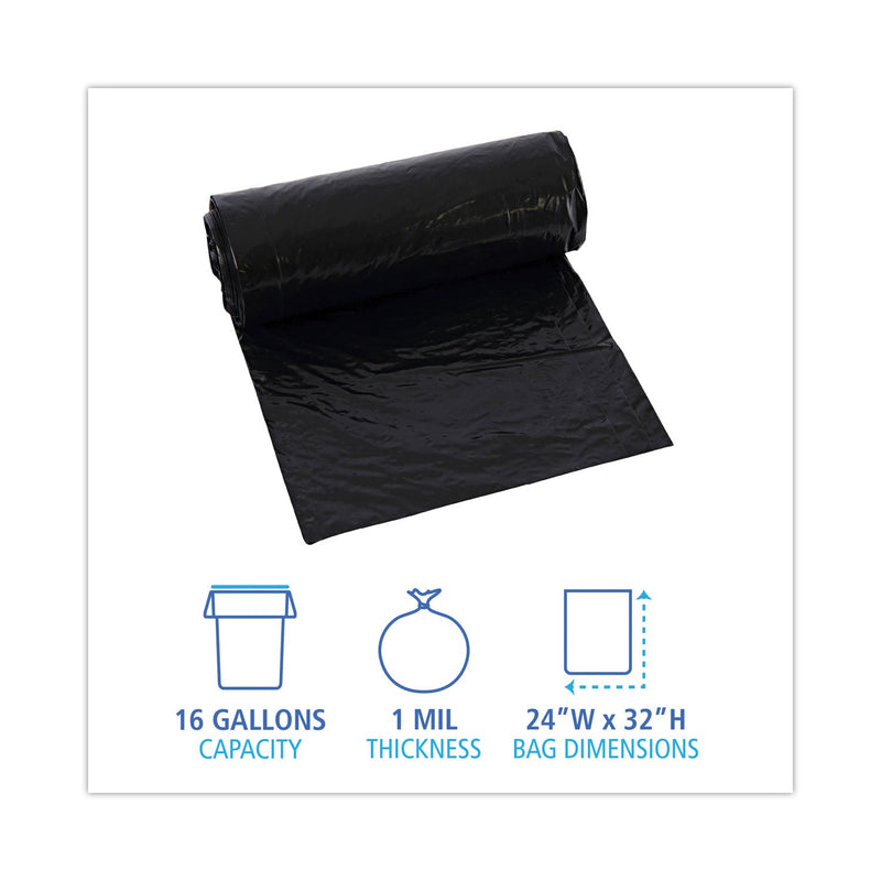 Boardwalk Low-Density Waste Can Liners, 16 gal, 1 mil, 24 x 32, Black, 10 Bags/Roll, 15 Rolls/Carton