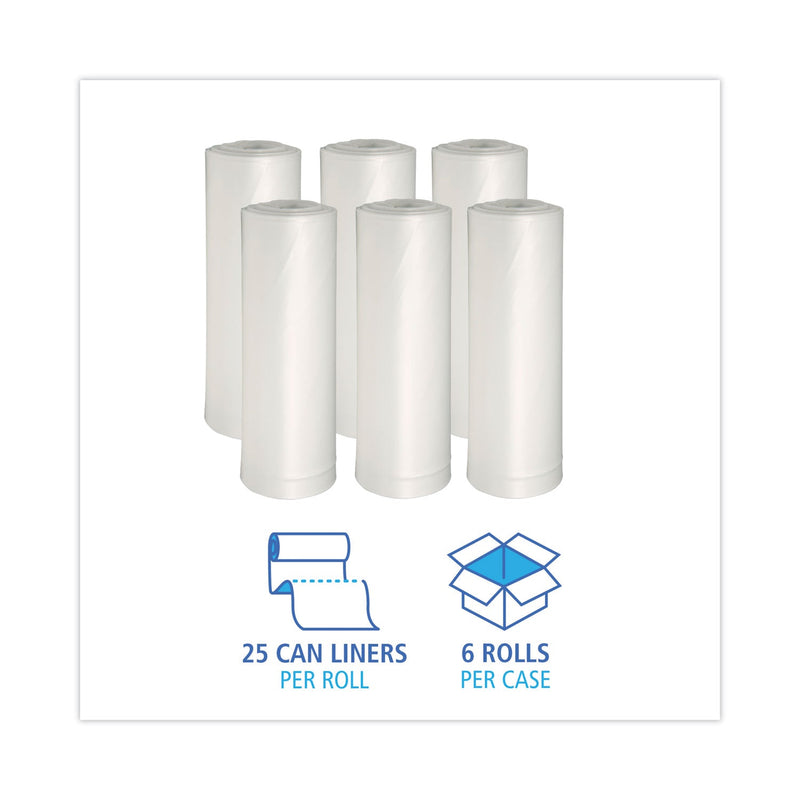 Boardwalk Low-Density Waste Can Liners, 33 gal, 0.6 mil, 33 x 39, White, 6 Rolls of 25 Bags