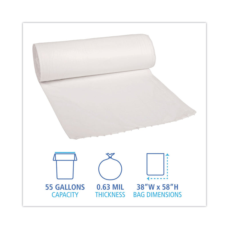 Boardwalk Low Density Repro Can Liners, 55 gal, 0.63 mil, 38" x 58", White, 10 Bags/Roll, 10 Rolls/Carton