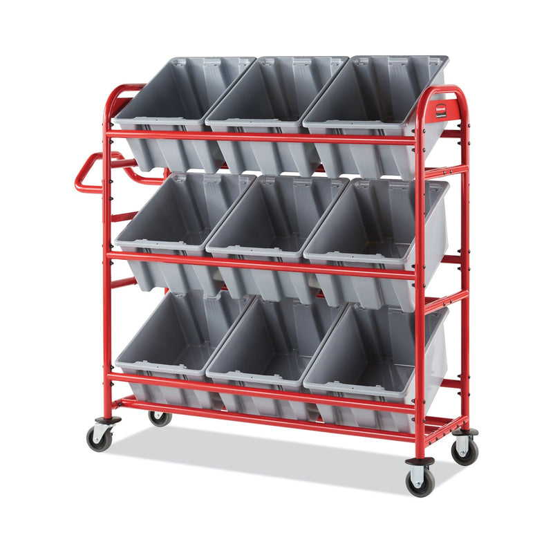 Rubbermaid Tote Picking Cart, Metal, 3 Shelves, 450 lb Capacity, 57" x 18.5" x 55", Red