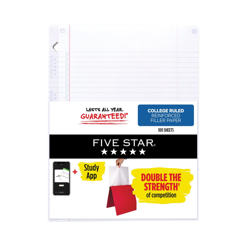 Five Star Reinforced Filler Paper, 3-Hole, 8.5 x 11, College Rule, 100/Pack