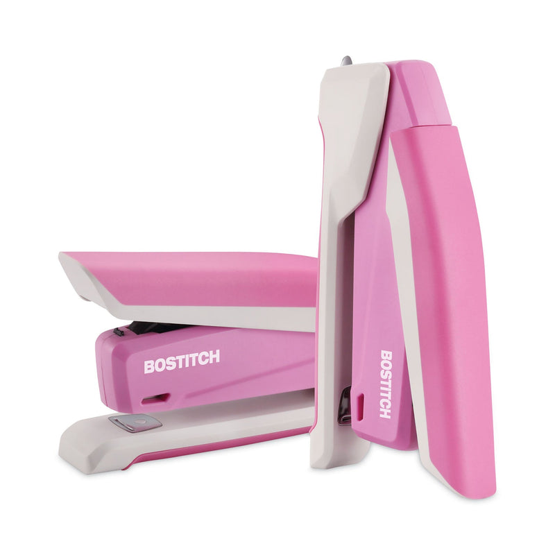 Bostitch InCourage Spring-Powered Desktop Stapler, 20-Sheet Capacity, Pink/White