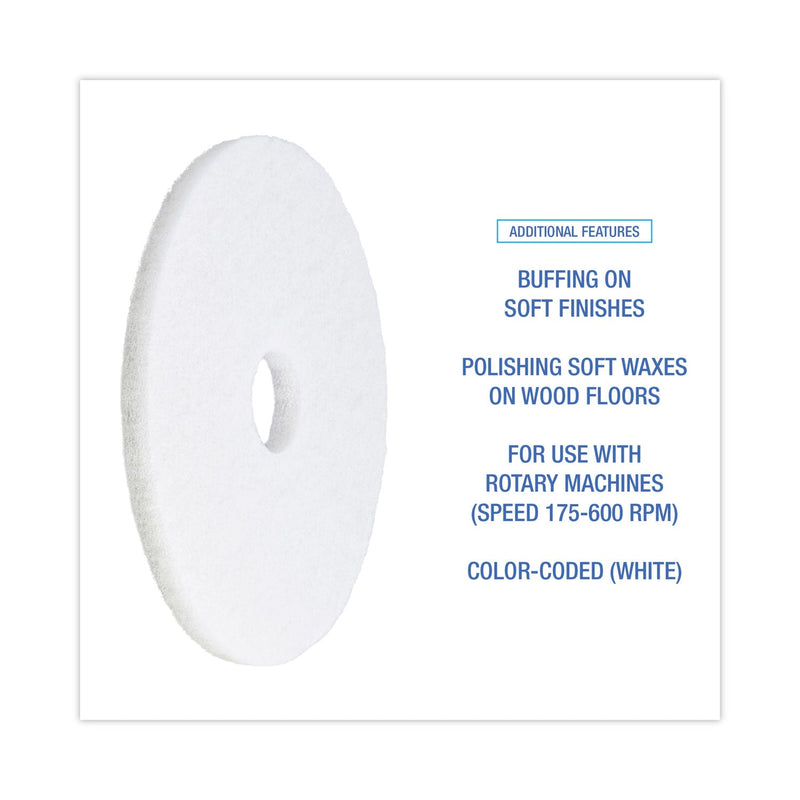 Boardwalk Polishing Floor Pads, 16" Diameter, White, 5/Carton