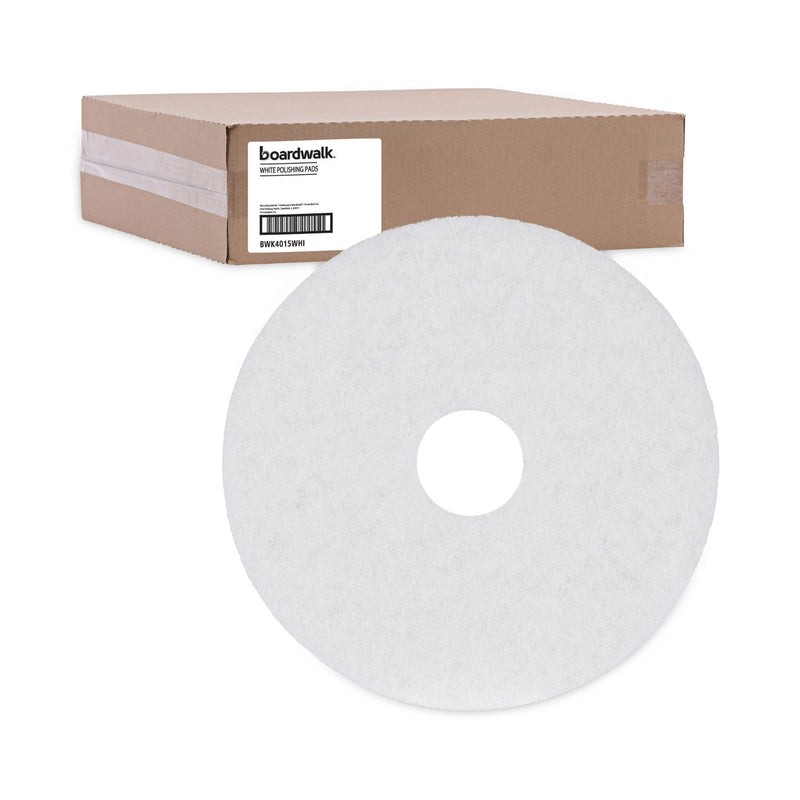 Boardwalk Polishing Floor Pads, 15" Diameter, White, 5/Carton