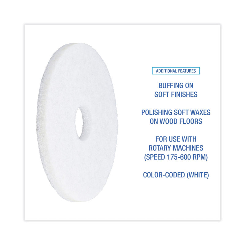 Boardwalk Polishing Floor Pads, 14" Diameter, White, 5/Carton