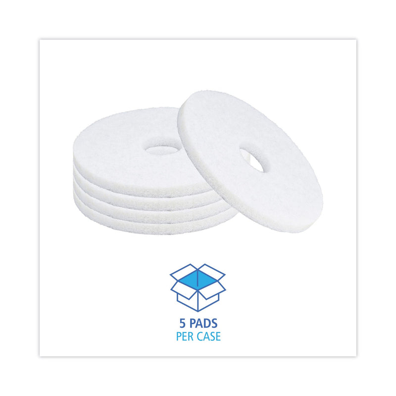 Boardwalk Polishing Floor Pads, 14" Diameter, White, 5/Carton