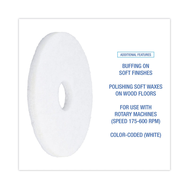 Boardwalk Polishing Floor Pads, 13" Diameter, White, 5/Carton