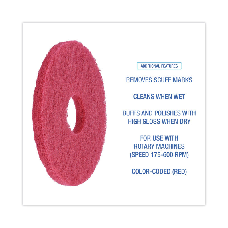 Boardwalk Buffing Floor Pads, 12" Diameter, Red, 5/Carton