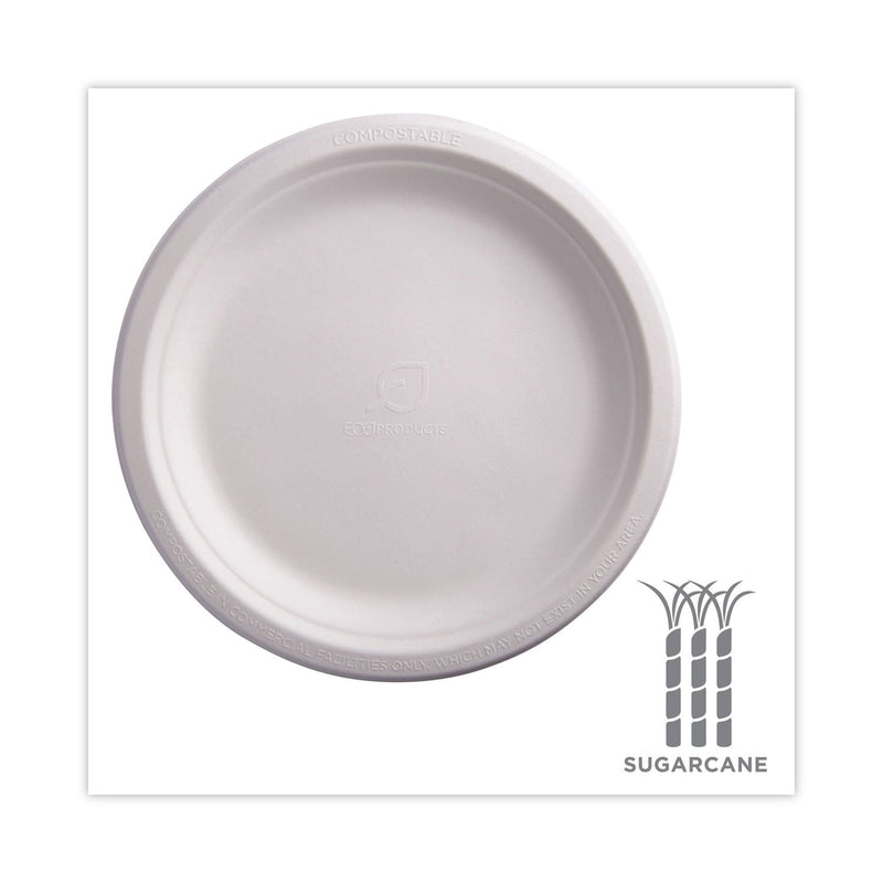 Eco-Products Renewable and Compostable Sugarcane Plates, 9" dia, Natural White, 500/Carton