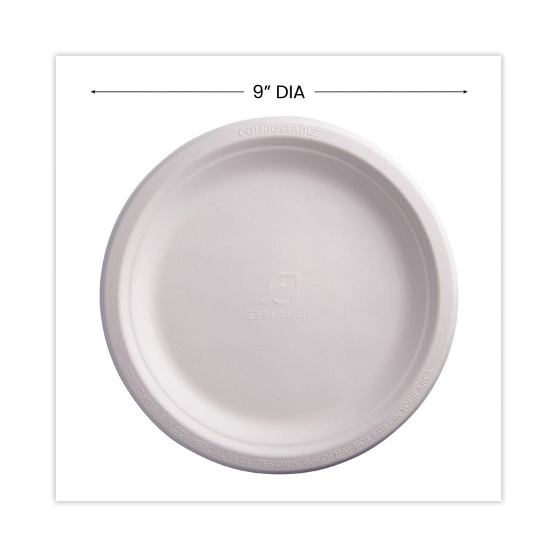 Eco-Products Renewable and Compostable Sugarcane Plates, 9" dia, Natural White, 500/Carton