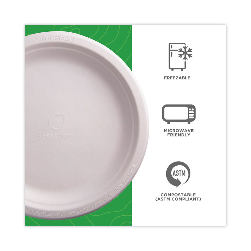 Eco-Products Renewable and Compostable Sugarcane Plates, 9" dia, Natural White, 500/Carton