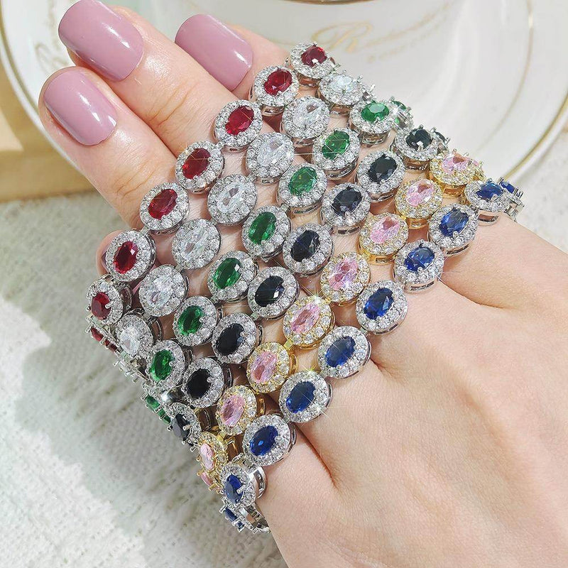 Colorful CZ Halo Tennis Chain Bracelet, Multicolor Gemstone Bridal Jewelry, Unique Pattern Gift for Her, Cubic Zirconia Bridesmaid Bracelet