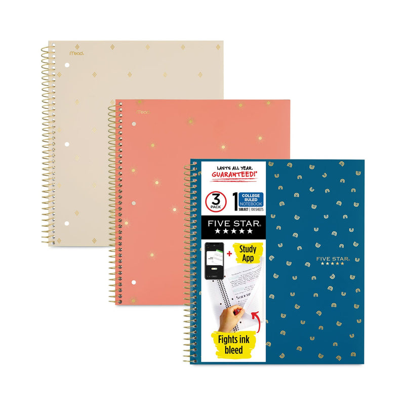 Five Star Style Wirebound Notebook, 1 Subject, Medium/College Rule, Assorted Geometrics Covers, 11 x 8.5, 100 Sheets, 3/Pack