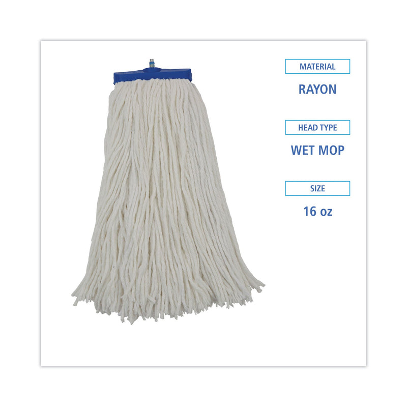 Boardwalk Cut-End Lie-Flat Mop Head, Rayon, 16oz, White, 12/Carton