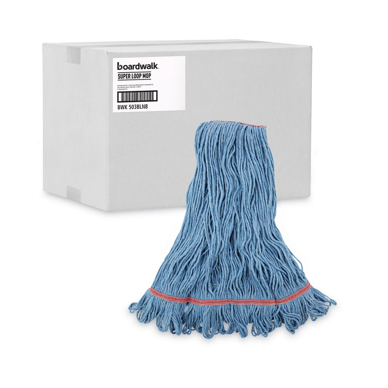Boardwalk Super Loop Wet Mop Head, Cotton/Synthetic Fiber, 1" Headband, Large Size, Blue, 12/Carton
