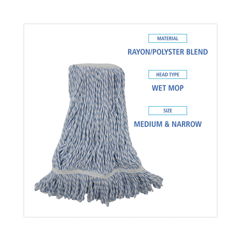 Boardwalk Mop Head, Floor Finish, Narrow, Rayon/Polyester, Medium, White/Blue, 12/Carton
